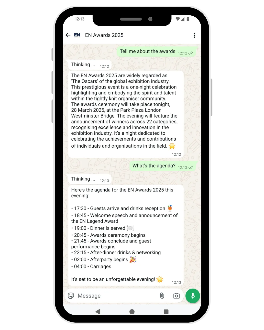 Message Matrix AI concierge in action — WhatsApp conversation at the EN Awards 2025